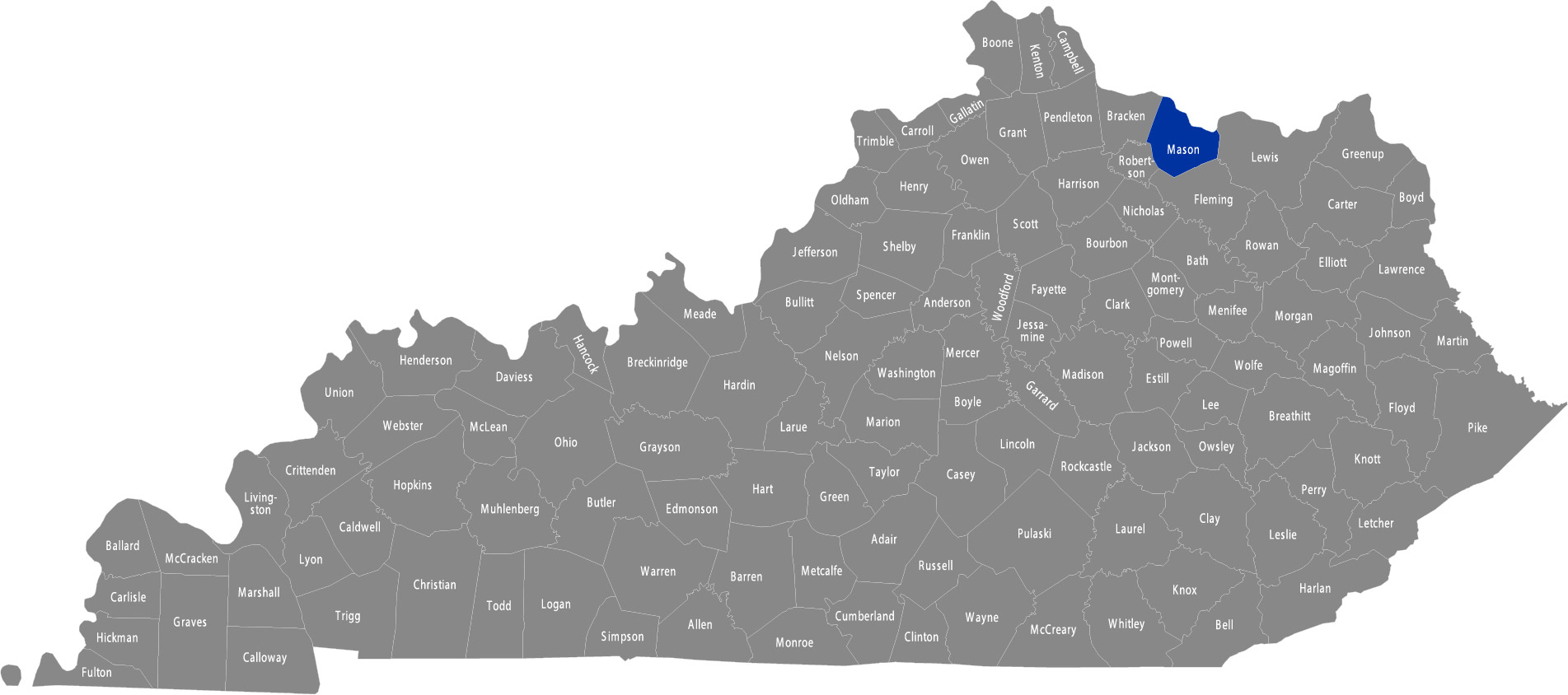 State of Kentucky map with Mason County highlighted&nbsp;